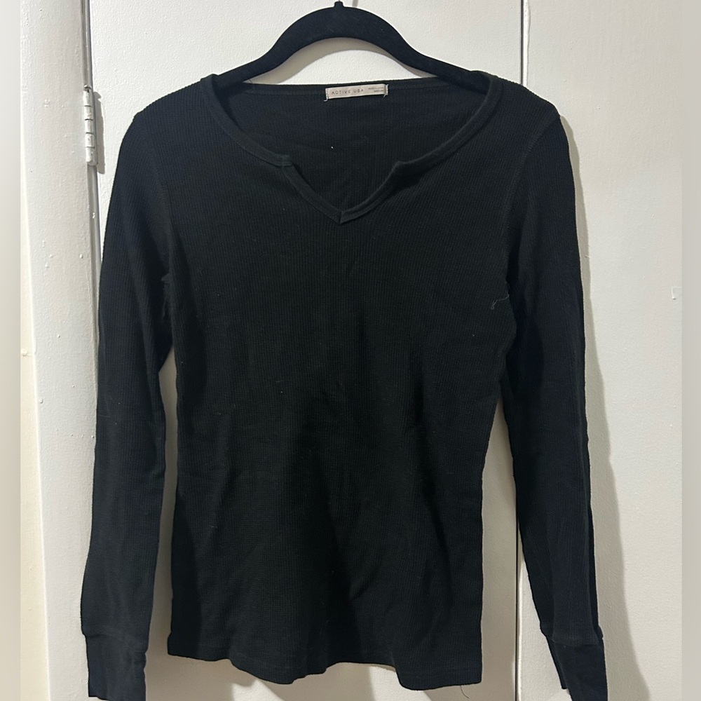 Black Long Sleeve Waffle Top